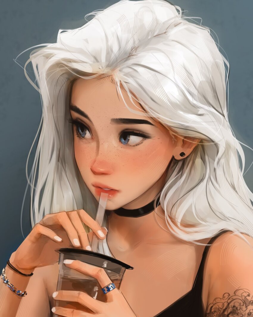 1girl bare_shoulders black_choker black_tank_top blue_background blue_eyes bracelet choker collarbone commentary cup disposable_cup drink drinking drinking_straw earrings english_commentary eyelashes fingernails freckles highres holding holding_drink jewelry light_blush lipstick long_hair looking_to_the_side makeup original parted_lips red_lips ring sam_yang shoulder_tattoo simple_background solo spaghetti_strap stud_earrings tank_top tattoo tea teeth thick_eyebrows upper_body white_hair white_nails