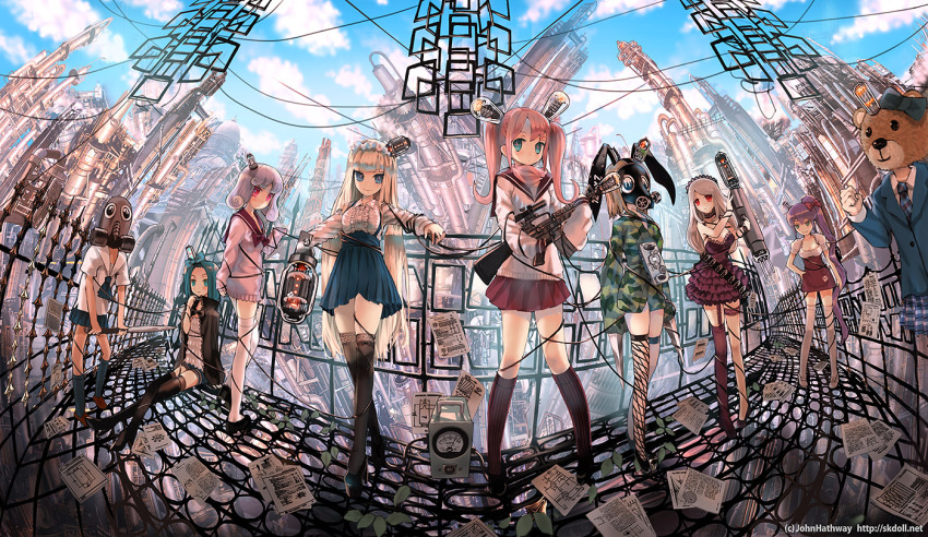 6+girls artist_name blonde_hair blue_eyes blue_hair boots bow camouflage cosplay fisheye gas_mask gun hair_bow hair_ornament hairband high_heels japanese_clothes john_hathway kigurumi kimono kneehighs long_hair mask multiple_girls necktie orange_hair original paper red_eyes respirator school_uniform science_fiction serafuku short_hair short_kimono side_ponytail sitting skirt socks thighhighs twintails vacuum_tube very_long_hair watermark weapon web_address white_hair wire zettai_ryouiki