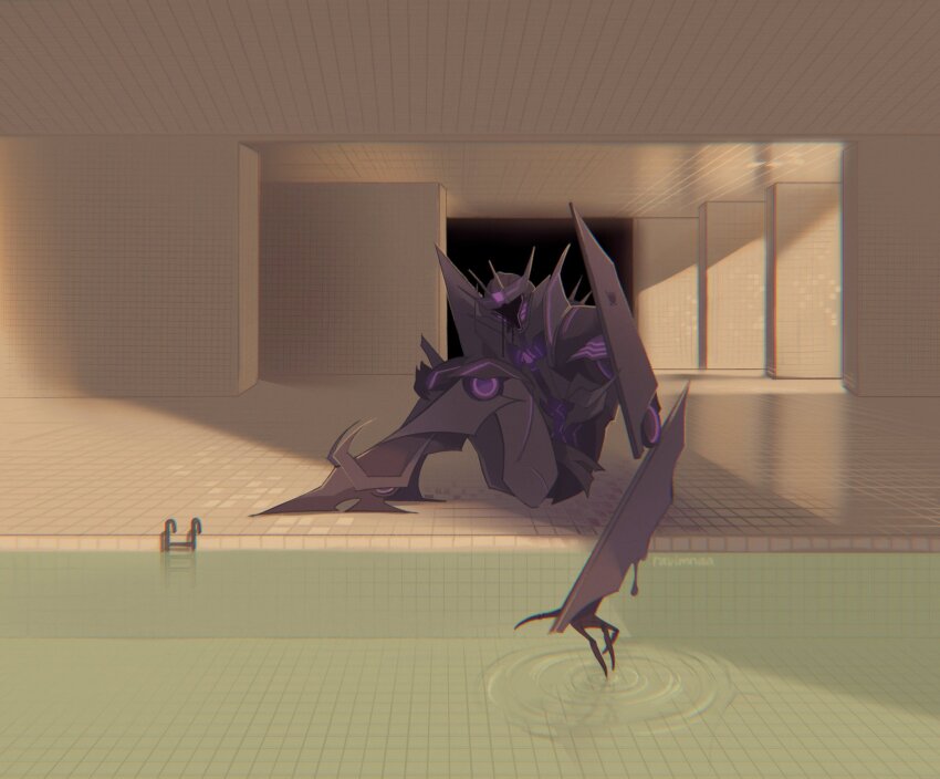 assault_visor commentary decepticon english_commentary from_side head_tilt highres indoors looking_at_viewer mecha mecha_focus pool ravimnaa ripples robot science_fiction shadow sitting solo soundwave_(transformers) transformers transformers_prime v-fin water