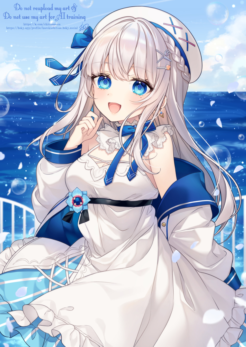 1girl :d beret blue_bow blue_eyes blue_sky bow breasts cleavage cloud commentary_request commission day dress english_text grey_hair hat highres horizon indie_virtual_youtuber jacket karokuchitose long_hair long_sleeves looking_at_viewer medium_breasts nagino_mashiro ocean off_shoulder open_clothes open_jacket open_mouth outdoors petals puffy_long_sleeves puffy_sleeves skeb_commission sky sleeveless sleeveless_dress smile solo very_long_hair virtual_youtuber water watermark web_address white_dress white_hat white_jacket