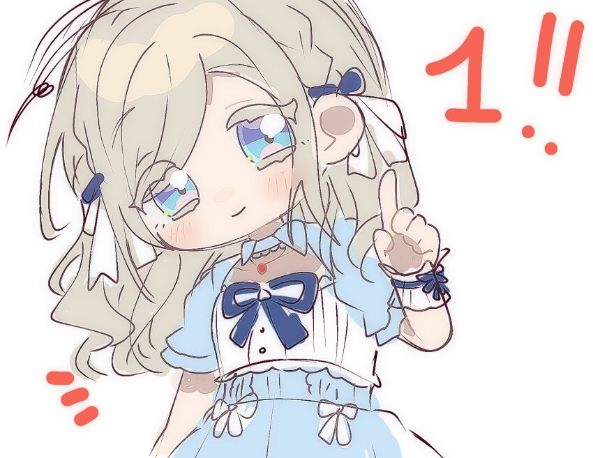 1girl blue_bow blue_bowtie blue_eyes blue_shrug blue_skirt blush bow bowtie ceras_yanagida_lilienfeld closed_mouth col_person collarbone commentary countdown deformed english_commentary finger_counting grey_hair index_finger_raised light_smile link!_like!_love_live! looking_at_viewer love_live! notice_lines official_alternate_costume shirt simple_background skirt solo virtual_youtuber white_background white_shirt