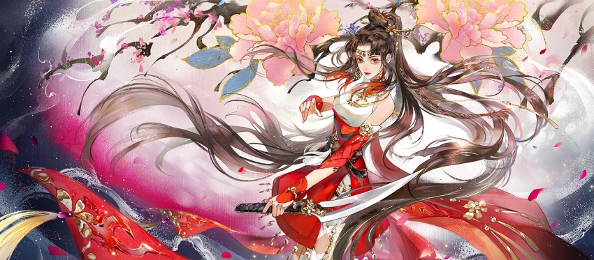 1girl bracelet brown_eyes brown_hair character_request chinese_clothes circlet closed_mouth copyright_request cowboy_shot dagger detached_sleeves dress earrings eyelashes fighting_stance floating_clothes floating_hair floral_print flower gold_bracelet gold_circlet gold_earrings hair_ornament hairpin halter_shirt halterneck high_ponytail holding holding_dagger holding_knife holding_weapon hoop_earrings jewelry knife light_particles lipstick long_hair long_sleeves lotus makeup night night_sky parted_bangs pink_flower ponytail red_dress red_lips red_sleeves red_wrist_cuffs shirt single_detached_sleeve sky smile smoke solo standing strapless strapless_dress tassel train_(clothing) turtleneck turtleneck_shirt very_long_hair weapon white_shirt wrist_cuffs ye_dian_pikaqiu