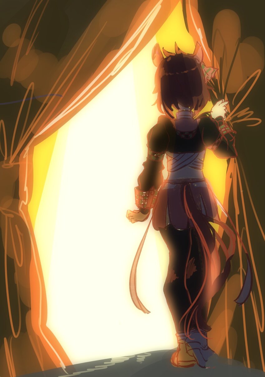 1girl ahoge animal_ears belt black_leggings bow breasts brown_hair checkered_ribbon curtains dantsu_flame_(center_spotlight)_(umamusume) dantsu_flame_(umamusume) disney_o626 ear_covers ear_ornament ear_ribbon from_behind highres horse_ears horse_girl horse_tail large_breasts leggings leggings_under_shorts pink_shorts shirt shorts solo tail tied_shirt umamusume white_belt