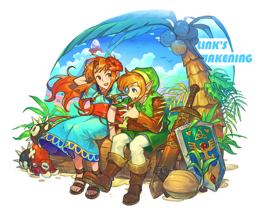 1boy 1girl 9twoeight :d arm_behind_head arm_support arm_up bandaid bandaid_on_head bird blonde_hair blue_dress blue_eyes blue_sky blush boots brown_eyes brown_footwear brown_shirt character_name cloud coconut coconut_tree commentary copyright_name crossed_bandaids day dress english_commentary floating_hair flock flower green_hat green_tunic hair_flower hair_ornament hand_up hat hibiscus highres link log long_hair long_sleeves looking_at_another looking_to_the_side marin_(zelda) mountain nintendo octopus octorok open_mouth orange_hair outdoors palm_tree pants parted_bangs plant pointy_ears red_eyes red_flower red_sash sand sandals sash sea_urchin_(zelda) sheath sheathed shield shirt short_hair short_sleeves sidelocks simple_background sitting sitting_on_log sky smile sword teeth the_legend_of_zelda the_legend_of_zelda:_link&#039;s_awakening toes tree triforce tunic upper_teeth_only weapon white_background white_pants windfish&#039;s_egg