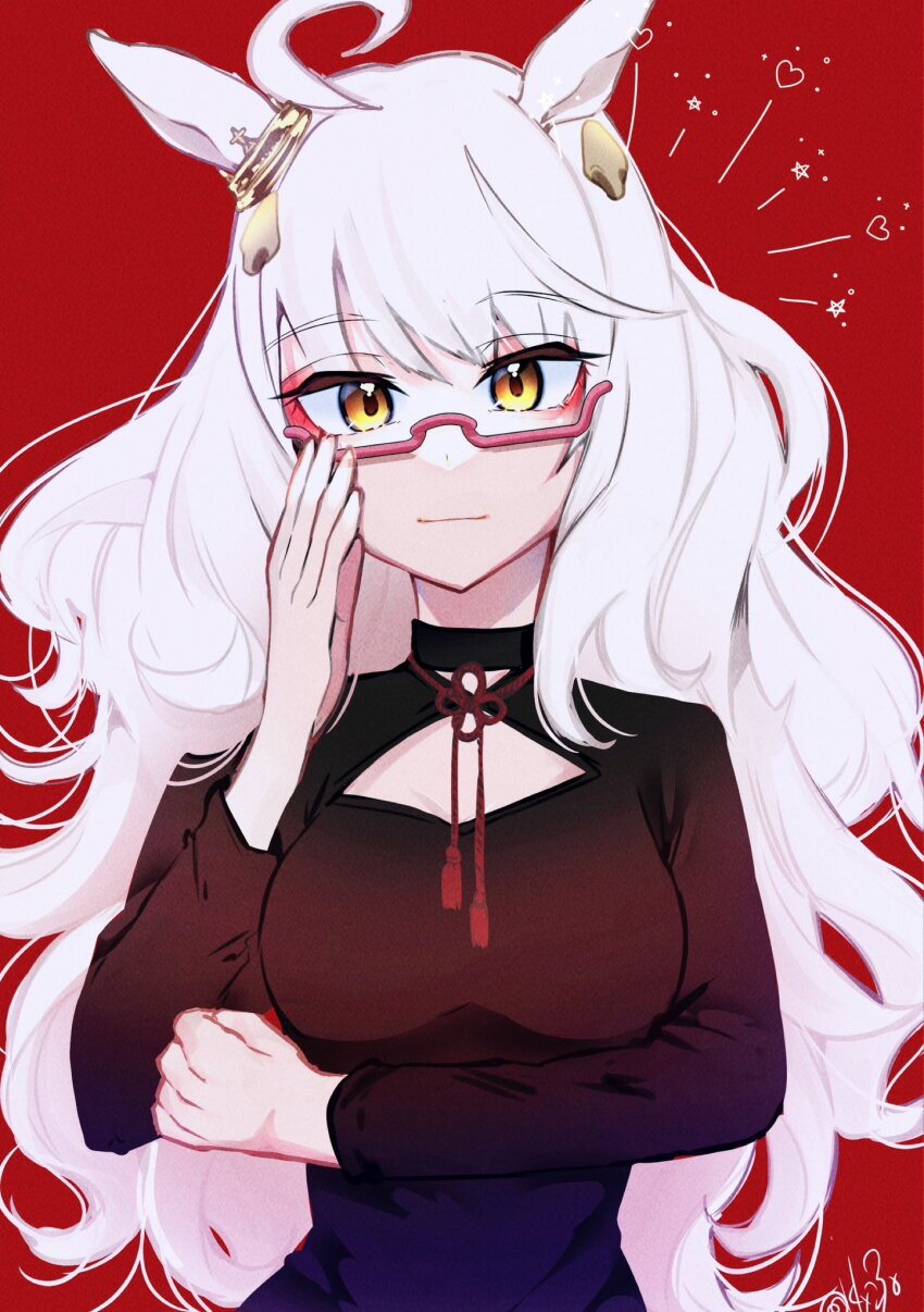 1girl adjusting_eyewear ahoge animal_ears arm_under_breasts biwa_hayahide_(umamusume) black_shirt blonde_hair breasts chinese_knot closed_mouth glasses hair_ornament hand_up highres horse_ears long_hair long_sleeves looking_at_viewer red_background semi-rimless_eyewear shirt small_breasts smile solo tsukasa_(avdx5538) twitter_username umamusume upper_body white_hair
