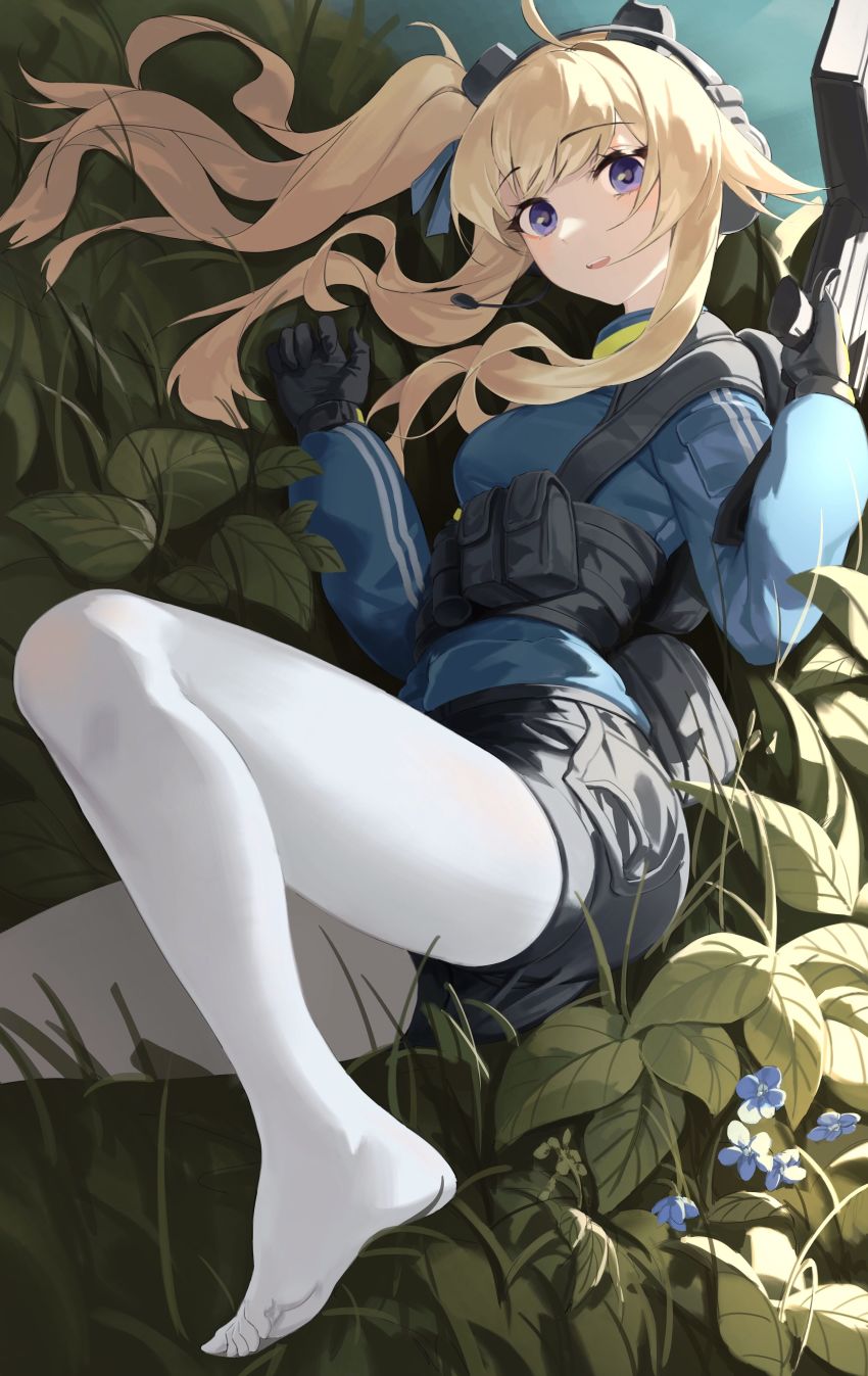 1girl absurdres blonde_hair girls&#039;_frontline girls&#039;_frontline_2:_exilium gun highres izhmash kalashnikov_concern long_hair molot molot-oruzhie molot_weapons no_shoes pantyhose purple_eyes rui_(rei_leyi) semi-automatic_shotgun shotgun soles solo vepley_(girls&#039;_frontline_2) vepr-12 vyatskiye_polyany_machine-building_plant weapon
