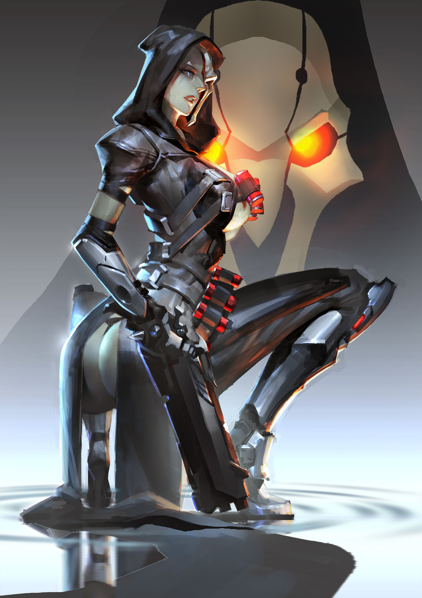 1girl armband armor armored_boots armored_dress ass bandolier belt black_coat black_dress black_jacket black_panties black_pants blue_eyes boots breasts claws coat dress eyelashes female_focus from_behind full_body gauntlets genderswap genderswap_(mtf) glowing glowing_eyes greaves grey_boots gun high_heel_boots high_heels highres holding holding_gun holding_weapon hood hooded_jacket jacket knee_boots knee_pads kneeling large_breasts lipstick looking_at_viewer looking_back makeup mask nose overwatch overwatch_1 pale_skin panties pants parted_lips puffy_short_sleeves puffy_sleeves reaper_(overwatch) red_lips ripples short_sleeves shotgun shotgun_shell sideboob skull_mask solo spiked_gauntlets standing standing_on_liquid strap teeth thong trench_coat underboob underwear water weapon xiao_duzi
