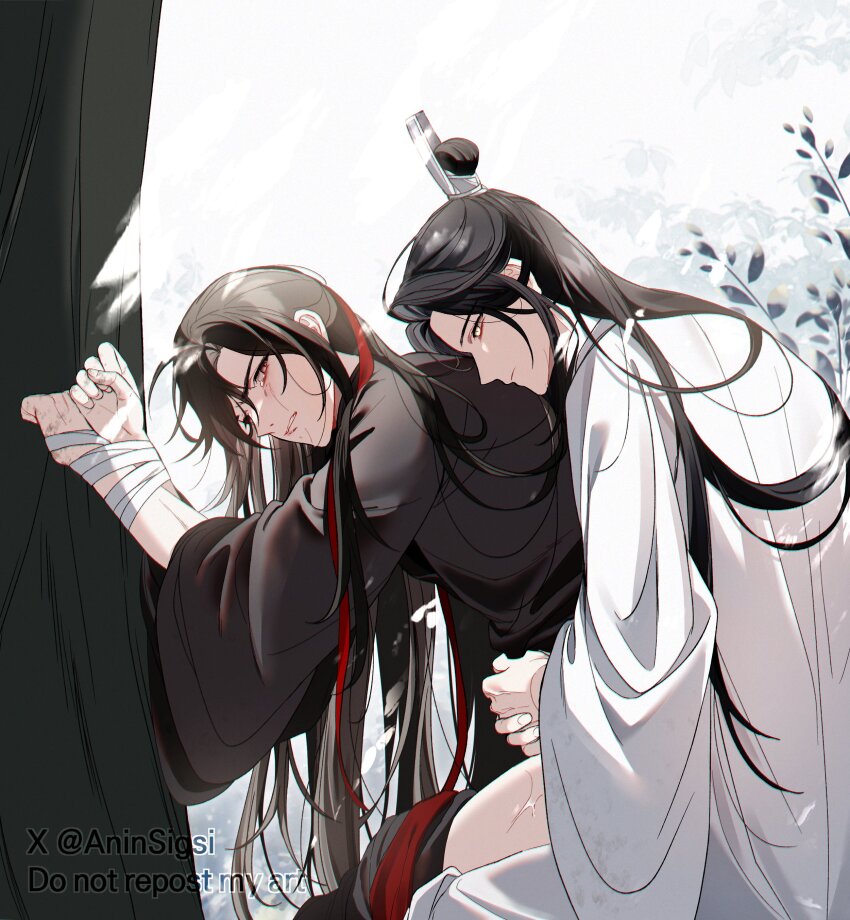 2boys absurdres against_tree aninsigsi bdsm bishounen black_hair black_hanfu bound bound_wrists chinese_clothes closed_mouth clothes_pull crying crying_with_eyes_open hair_down hair_ribbon half_updo hanfu highres hug hug_from_behind implied_sex korean_commentary lan_wangji leaf long_hair long_sleeves looking_at_another looking_at_viewer male_focus modao_zushi multiple_boys official_alternate_hairstyle pants pants_pull parted_lips red_eyes red_ribbon ribbon ribbon_bondage robe sex sex_from_behind sitting tears topknot tree twitter_username very_long_hair watermark wei_wuxian wei_wuxian_(yiling_laozu) white_hanfu white_ribbon wide_sleeves xiao_guan_(headdress) yaoi yellow_eyes