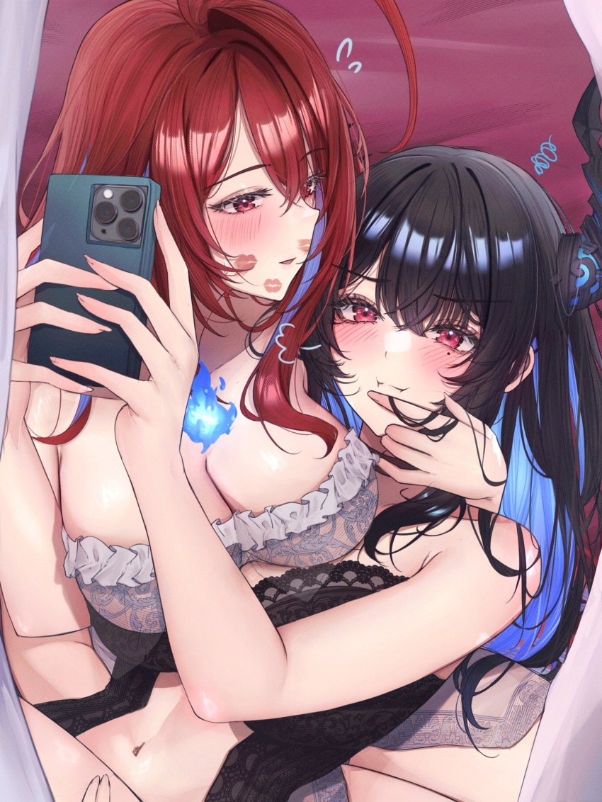 2girls absurdres ahoge babydoll black_babydoll black_hair black_horns blue_fire blue_hair breasts cleavage closed_mouth colored_inner_hair commentary elizabeth_rose_bloodflame english_commentary fire fire_on_chest flying_sweatdrops frilled_babydoll highres holding holding_phone hololive hololive_english horns huge_ahoge lace-trimmed_babydoll lace_trim large_breasts lipstick_mark long_hair looking_at_another lying mofu07519 mole mole_under_eye multicolored_hair multiple_girls navel nerissa_ravencroft on_back open_mouth phone pout purple_eyes red_eyes red_hair sidelocks single_hair_intake very_long_hair virtual_youtuber white_babydoll yuri