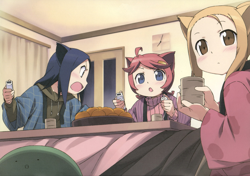 3girls ahoge angry animal_ears blonde_hair blue_eyes blue_hair blush brown_eyes cat_ears child food fruit game_console hair_ornament indoors kanzaki_hiro multiple_girls orange_(fruit) original red_hair short_hair tabgraphics tareme wii