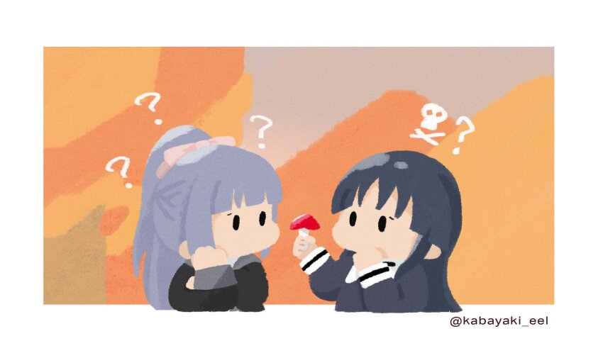 2girls ? assault_lily black_hair black_jacket blunt_bangs border bow brown_background chibi cropped_torso fukuyama_jeanne_sachie grey_background grey_hair hair_bow half_updo hand_on_own_arm hand_on_own_cheek hand_on_own_face hand_to_own_mouth hands_up highres holding holding_mushroom jacket kabayaki_(kabayaki_eel) long_hair long_sleeves looking_at_object ludvico_private_girls&#039;_academy_school_uniform multicolored_background multiple_girls mushroom no_mouth orange_background outside_border pink_bow raised_eyebrows school_uniform shirai_yuyu sidelocks skull_and_crossbones solid_oval_eyes spoken_skull twitter_username upper_body white_border yellow_background yurigaoka_girls_academy_school_uniform