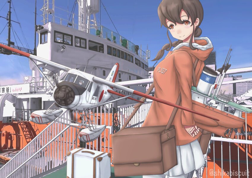 2girls absurdres aircraft aircraft_request airplane bag blue_sky braid brown_hair day fairy_(kancolle) highres hood hooded_jacket icebreaker_ship jacket kantai_collection long_hair long_sleeves machinery messenger_bag multiple_girls orange_eyes orange_jacket outdoors pantyhose personification pleated_skirt shikabiscuit ship shoulder_bag single_braid skirt sky solo_focus souya_(icebreaker) souya_(kancolle) souya_agb_(kancolle) vehicle_and_personification watercraft white_pantyhose white_skirt