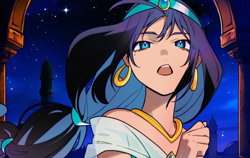 1girl ado_(utaite) aladdin_(movie) aqua_hairband blue_eyes blue_hair chando_(ado) commentary_request cosplay earrings hairband highres jasmine_(disney) jasmine_(disney)_(cosplay) jewelry long_hair mole mole_under_eye night off_shoulder open_mouth riseno sky solo star_(sky) starry_sky teeth tower upper_teeth_only utaite