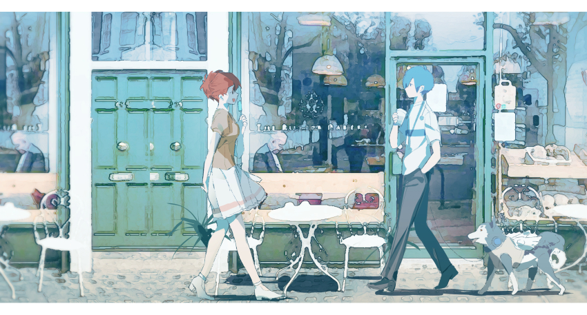 1boy 1girl arms_behind_back black_footwear black_pants blue_hair brown_hair commentary cup english_commentary fiolox from_side hand_in_pocket highres holding holding_cup koromaru_(persona) looking_at_another pants persona persona_3 ponytail shiomi_kotone shirt short_ponytail short_sleeves skirt smile watercolor_effect white_footwear white_shirt white_skirt yellow_shirt yuuki_makoto_(persona_3)