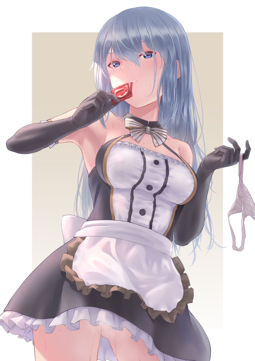 1girl absurdres alice_gear_aegis angelica_glazunova black_gloves blue_eyes blue_hair breasts condom gloves highres holding holding_condom holding_panties holding_underwear holding_unworn_clothes kanogawa_hiro long_hair maid panties underwear