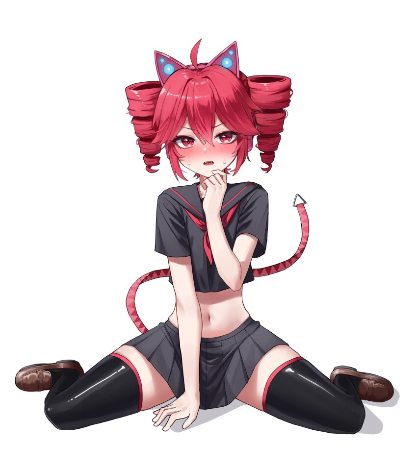 1girl absurdres animal_ear_headphones animal_ears blush cat_ear_headphones drill_hair fake_animal_ears fang full_body hand_on_own_chin headphones highres hu2924 kasane_teto loafers looking_at_viewer midriff navel neckerchief nose_blush open_mouth pleated_skirt red_eyes red_hair school_uniform serafuku shoes short_sleeves sitting skirt solo sweat thighhighs twin_drills utau wariza