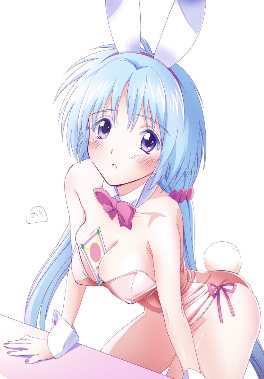 1girl animal_ears aqua_hair blush breasts cleavage detached_collar fake_animal_ears haou_taikei_ryuu_knight highres leotard long_hair looking_at_viewer low_twintails medium_breasts nail_polish nori_(norimakigumo) paffy_pafuricia playboy_bunny purple_eyes rabbit_ears rabbit_tail solo strapless strapless_leotard tail twintails wrist_cuffs