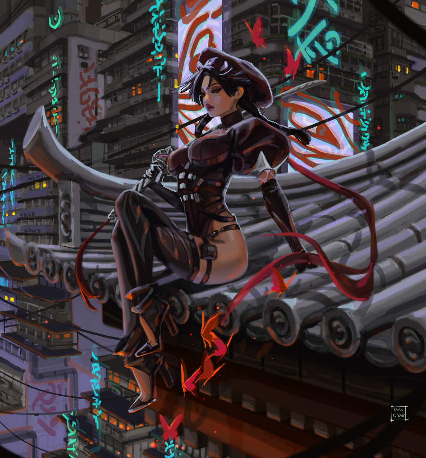 1girl arm_support breasts commentary crossed_legs english_commentary hat high_heels highleg highleg_leotard highres holding holding_sword holding_weapon juliet_sleeves katana large_breasts leotard long_sleeves marvel marvel_rivals night on_roof on_rooftop outdoors psylocke psylocke_(blood_kariudo) puffy_sleeves sitting solo sword tatti_art thighhighs weapon x-men