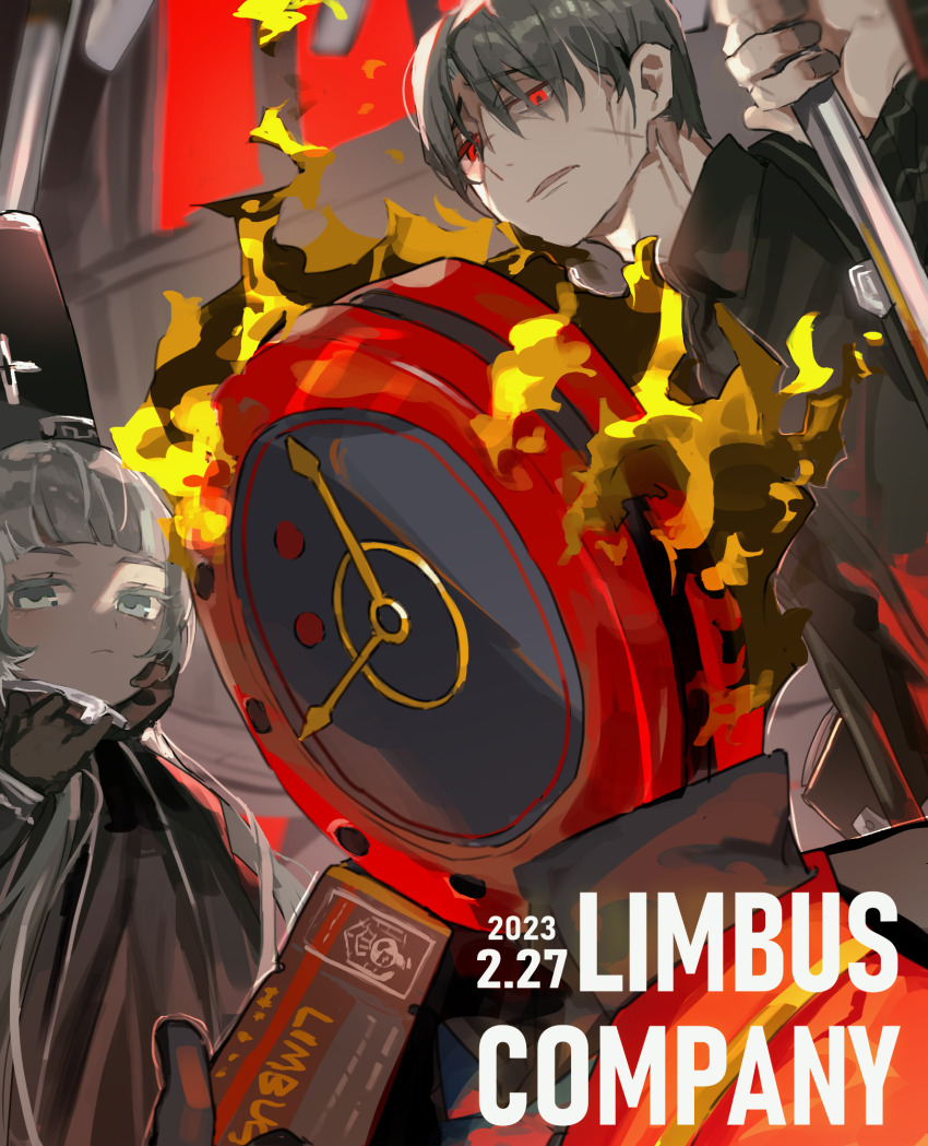 1boy 1girl 1other black_dress black_gloves black_shirt charon_(project_moon) clock closed_mouth collared_shirt commentary_request copyright_name dante_(limbus_company) dress fire gloves grey_eyes grey_hair hamelon310 highres holding holding_ticket limbus_company long_sleeves looking_at_viewer low_twintails object_head open_mouth parted_bangs project_moon red_eyes shirt ticket twintails vergilius_(project_moon)