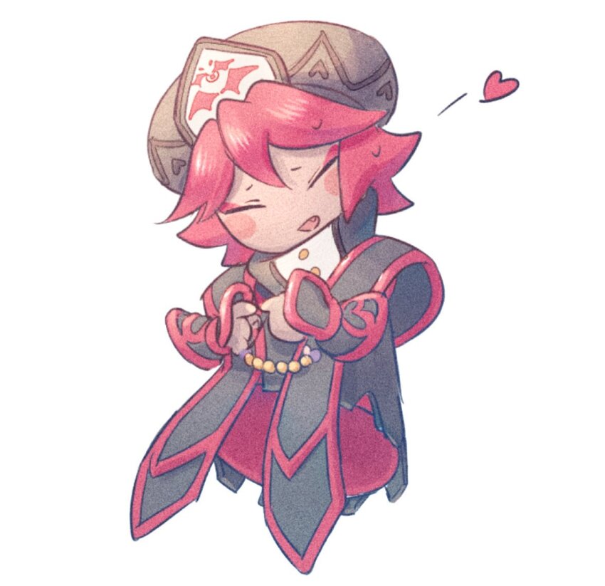 1girl beads black_hat black_robe blush_stickers bracer buttons newsboy_cap chinese_commentary closed_eyes commentary_request dark-skinned_female dark_skin dress eyeshadow fang flamberge_(kirby) full_body hat heart heart_print kirby_star_allies kirby_(series) makeup nervous_smile nintendo open_mouth own_hands_together red_dress red_eyeshadow red_trim robe simple_background smile solo somayumi sweatdrop turtleneck white_background
