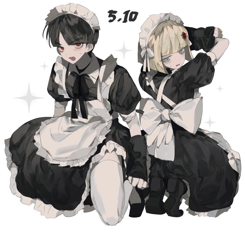1boy 1girl absurdres anzekeye apron arm_warmers black_dress black_ribbon black_shoes blonde_hair blue_eyes blunt_bangs blush bow chinese_commentary commentary_request crossdressing dated dress forked_eyebrows full_body hair_ornament highres maid maid_day maid_headdress maruko_gaku oosuzuki_kurara open_mouth red_eyes ribbon shoes short_hair small_sweatdrop sparkle spoilers squatting the_hundred_line_-last_defense_academy- thighhighs white_apron white_bow white_thighhighs