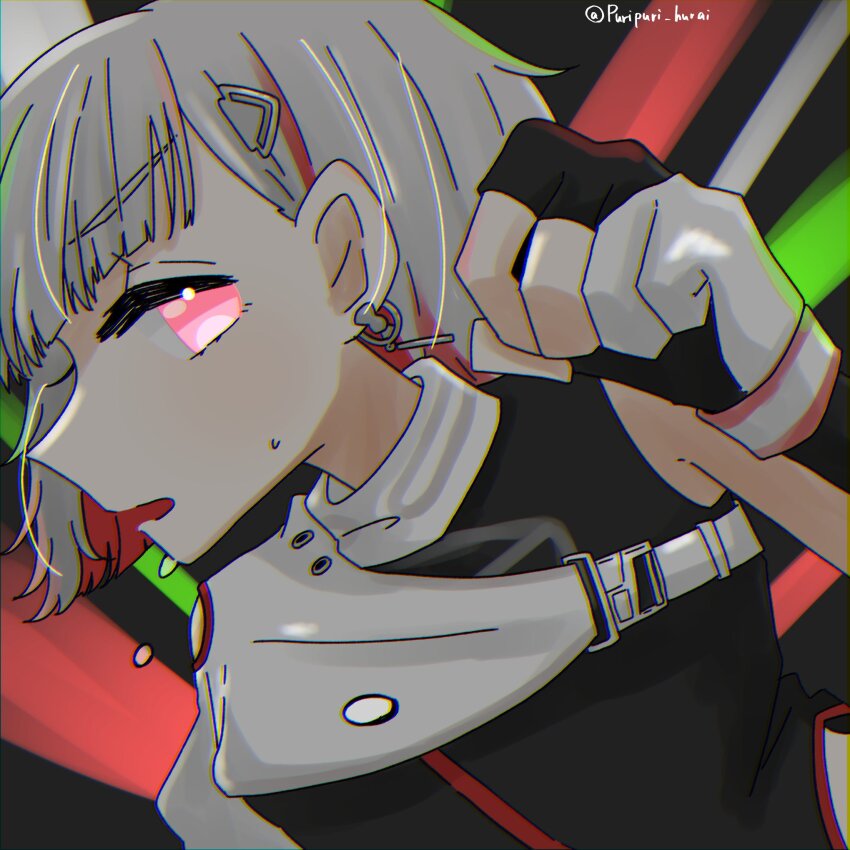 1girl black_background black_gloves black_shirt clenched_hand clothing_cutout commentary_request deepness_(love_live!) gloves grey_hair hair_ornament hairclip highres link!_like!_love_live! love_live! multicolored_hair official_alternate_costume open_mouth partially_fingerless_gloves pink_eyes profile puripuri_hurai red_hair shirt short_hair shoulder_cutout shrug_(clothing) single_sleeve sleeveless sleeveless_shirt solo streaked_hair turtleneck turtleneck_shirt twitter_username upper_body virtual_youtuber white_gloves white_shrug yugiri_tsuzuri