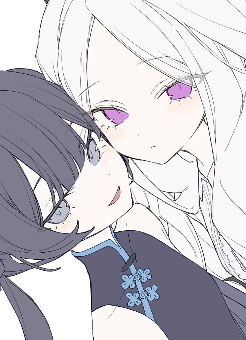 2girls bare_shoulders black_dress black_hair blue_archive blunt_bangs china_dress chinese_clothes closed_mouth dress expressionless forehead grey_eyes highres hina_(blue_archive) hk_nnm kisaki_(blue_archive) long_hair looking_at_viewer multiple_girls open_mouth purple_eyes shirt sidelocks upper_body white_hair white_shirt