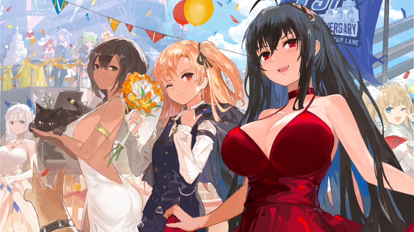 6+girls :d absurdres ahoge ajax_(azur_lane) ajax_(party_queen)_(azur_lane) akashi_(azur_lane) akashi_(the_black_cat_cometh!)_(azur_lane) alchemaniac alternate_costume amazon_(azur_lane) amazon_(little_orchestra)_(azur_lane) animal armlet azur_lane backless_dress backless_outfit bare_shoulders black_cat black_hair black_ribbon blonde_hair blue_eyes blue_jacket blush bouquet bow braid breasts brown_eyes brown_hair cat choker cleavage cleveland_(azur_lane) cleveland_(gentry_knight)_(azur_lane) cocktail_dress collarbone collared_shirt crossed_bangs dark-skinned_female dark_skin diadem dog dress elbow_gloves fang flower gloves hair_between_eyes hair_ornament hair_ribbon hat hat_bow highres holding holding_animal holding_bouquet holding_cat huge_filesize illustrious_(azur_lane) illustrious_(illustrious_ball)_(azur_lane) instrument jacket jewelry large_breasts long_hair looking_at_viewer monarch_(azur_lane) monarch_(white_warrick)_(azur_lane) multiple_girls native_american official_alternate_costume official_art one_eye_closed one_side_up open_mouth parted_lips piano ponytail purple_hair red_choker red_dress red_eyes red_hair ribbon shirt sidelocks small_breasts smile south_dakota_(azur_lane) south_dakota_(solo_concert)_(azur_lane) strapless strapless_dress sun_hat taihou_(azur_lane) taihou_(forbidden_fruit)_(azur_lane) teeth twintails two_side_up uss_iowa_(bb-61) v very_long_hair white_dress white_gloves white_hair white_headwear
