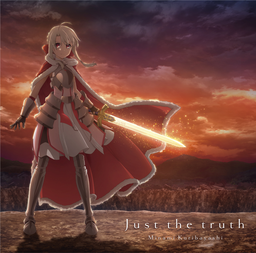 1girl ahoge albino album_cover artoria_pendragon_(fate) canyon child cosplay cover dusk excalibur_(fate/stay_night) excalibur_(mythology) fate/kaleid_liner_prisma_illya fate_(series) full_body highres holding holding_sword holding_weapon illyasviel_von_einzbern illyasviel_von_einzbern_(saber_install) looking_at_viewer mountain official_art orange_sky red_eyes saber_(fate) saber_(fate)_(cosplay) sky solo sword twilight weapon white_hair