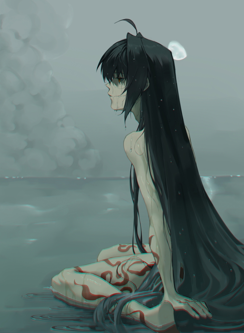 1other absurdres afloat ahoge androgynous black_hair body_markings buyaozaoqi fate/grand_order fate/samurai_remnant fate_(series) gibbous_moon grey_sky hair_down hair_intakes highres japanese_clothes jewelry kimono long_hair moon necklace nude orange_eyes profile ripples sidelocks sitting sky solo wariza water wet wet_hair yamato_takeru_(fate)