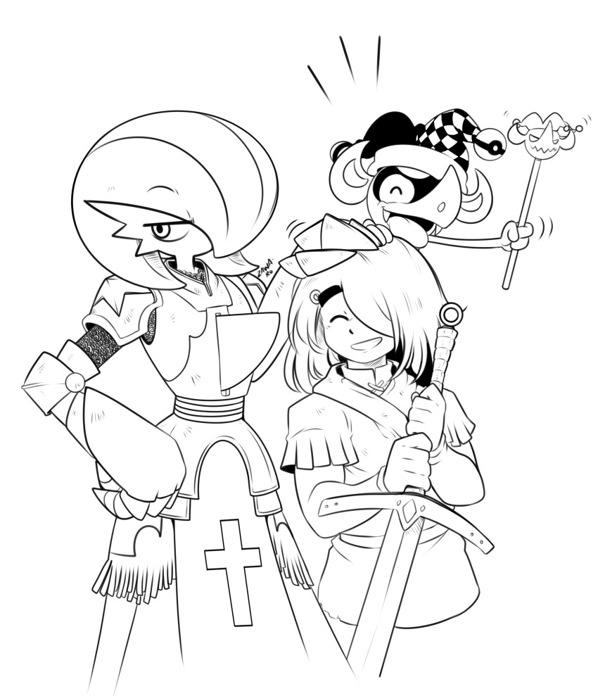 1boy absurdres armor bob_cut closed_eyes fangs gardevoir gen_3_pokemon gen_8_pokemon hair_over_one_eye hand_on_another&#039;s_head hat highres holding holding_sword holding_weapon impidimp jester_cap lineart nintendo poke_ball_symbol pokemon pokemon_(creature) signature simple_background smile superiordutchsauce sword tongue tongue_out weapon white_background