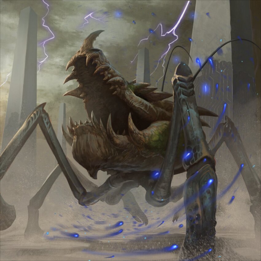 artist_request blue_light bug capcom claws creature day exoskeleton fanart_digital fantasy full_body highres intimidation lighting_bolts monster monster_hunter_(series) multiple_limbs outdoors purple_lightning shen_gaoren_(monster_hunter) source_request storm