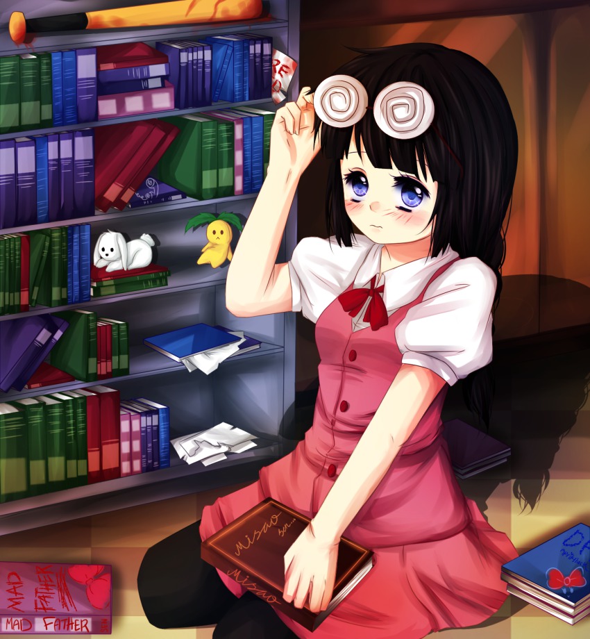 1girl april4luck baseball_bat baseball_cap black_hair blood blue_eyes blush book bookshelf braid buttons cameo collared_shirt copyright_name eyewear_on_head female_focus hat highres holding library_(misao) long_hair looking_at_viewer mad_father misao nervous pantyhose pink_skirt red_ribbon ribbon school_uniform seiza shirt single_braid sitting skirt solo stuffed_toy thighhighs wavy_mouth