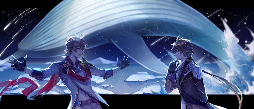 2boys ahoge black_gloves blue_eyes brown_hair eye_contact genshin_impact gloves gradient_hair hair_between_eyes highres honesitasakana long_hair looking_at_another male_focus multicolored_hair multiple_boys ponytail scarf short_hair smile tartaglia_(genshin_impact) upper_body walking_backwards water whale yellow_eyes zhongli_(genshin_impact)