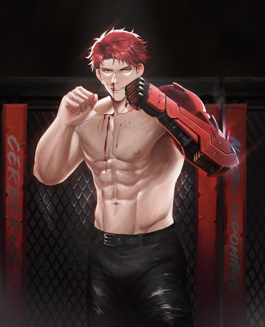 1boy abs absurdres black_pants blood blood_on_chest boxing dizzyshiba_411 facial_scar fighting_stance highres licking_blood licking_lips male_focus mechanical_arms muscular muscular_male neck_tattoo noctis_(pgr) nosebleed orange_eyes pants punishing:_gray_raven red_hair scar scar_on_cheek scar_on_face scar_on_nose short_hair single_mechanical_arm solo tattoo tongue tongue_out yellow_eyes