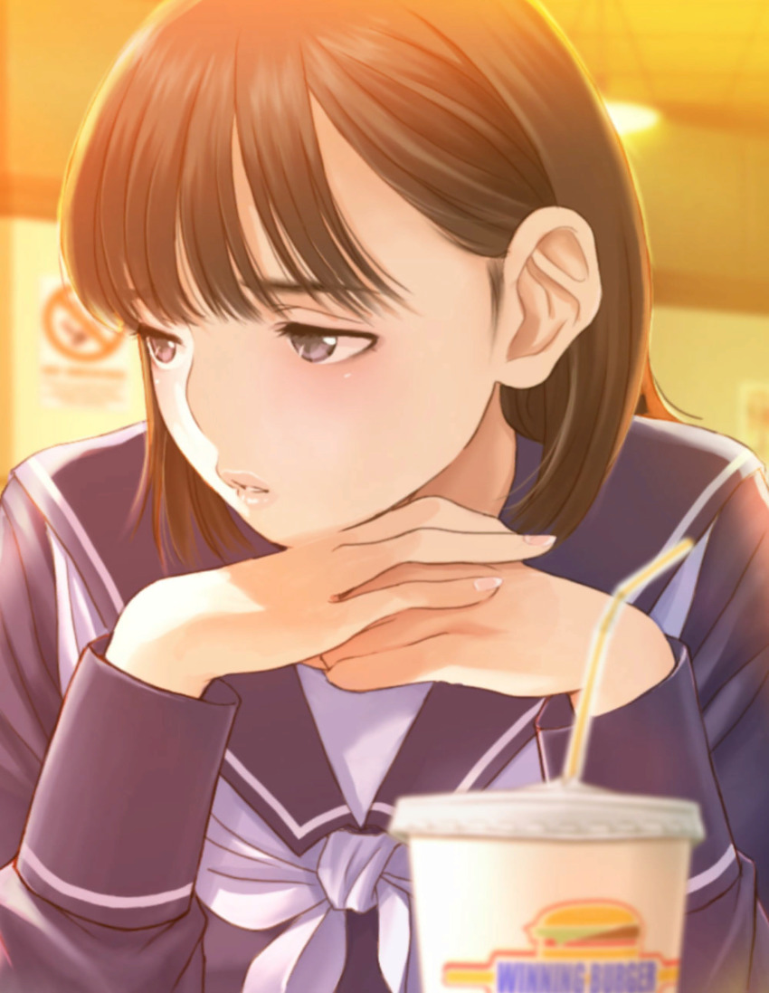 1girl anegasaki_nene backlighting blue_sailor_collar brown_eyes brown_hair ceiling ceiling_light cup disposable_cup drinking_straw evening fast_food furrowed_brow half-closed_eyes hand_on_own_cheek hand_on_own_chin hand_on_own_face head_rest highres indoors long_sleeves looking_to_the_side love_plus medium_hair neckerchief official_art own_hands_together parted_lips poster_(object) raised_inner_eyebrows sailor_collar school_uniform serafuku solo white_neckerchief winter_uniform