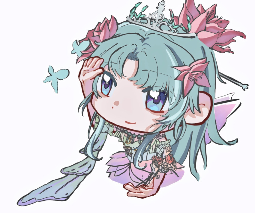 1girl aqua_hair argyle_clothes argyle_sleeves bare_shoulders blue_butterfly blue_eyes blue_sleeves bracelet bug butterfly chibi chinese_commentary closed_mouth commentary_request cropped_legs detached_sleeves dot_nose dress eyes_visible_through_hair fairy_wings flower flower_bracelet flower_necklace frilled_sleeves frills green_dress hair_flower hair_ornament hairpin hand_on_own_head happy infinity_nikki insect jewelry long_hair long_sidelocks looking_ahead necklace nikki_(series) outstretched_hand parted_bangs pink_flower puffy_short_sleeves puffy_sleeves purple_dress purple_wings red_flower red_rose rose short_sleeves sidelocks simple_background smile solo strapless strapless_dress stylist_(nikki) tiara two-tone_dress water_lily_flower white_background white_flower white_rose wings xinla_mutou_chuan