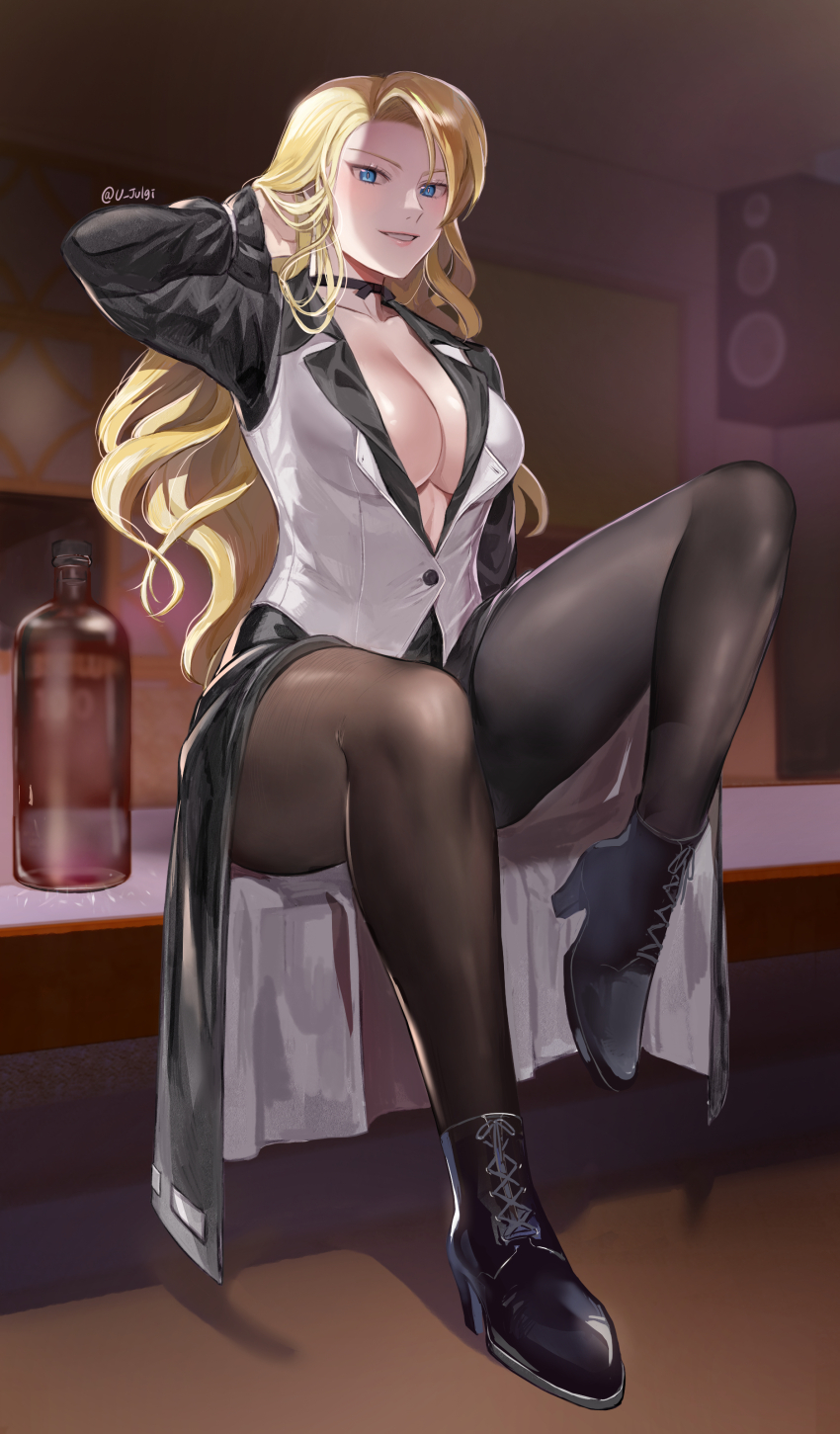 1girl absurdres blonde_hair blue_eyes boots breasts choker cleavage earrings hair_over_one_eye high_heel_boots high_heels highres jewelry large_breasts lips long_hair long_sleeves looking_at_viewer mature_(kof) pantyhose sitting smile the_king_of_fighters u_julgi