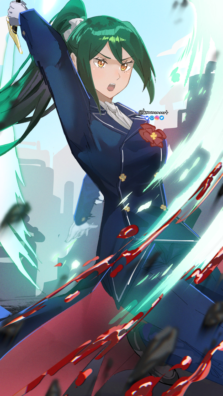 1girl absurdres blood blue_sky bow breasts building cloud crusch_karsten gloves green_hair hair_between_eyes hair_bow high_ponytail highres holding holding_sword holding_weapon knowname long_hair long_sleeves open_mouth orange_eyes ponytail re:zero_kara_hajimeru_isekai_seikatsu ribbon sky solo swinging_weapon sword weapon