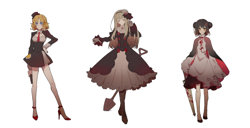 3girls america_(female)_(hetalia) america_(hetalia) axis_powers_hetalia black_cape black_dress black_hair black_hat black_shoes blonde_hair blue_eyes boots brown_boots cape china_(female)_(hetalia) china_(hetalia) chinese_commentary closed_eyes closed_mouth commentary_request double_bun dress full_body genderswap genderswap_(mtf) gun hair_bun hair_ornament handgun hat high_heels highres holding holding_gun holding_umbrella holding_weapon long_hair long_sleeves multiple_girls necktie oil-paper_umbrella print_umbrella red_necktie red_shoes russia_(female)_(hetalia) russia_(hetalia) shoes short_hair shovel simple_background sleeves_past_fingers sleeves_past_wrists smile star_(symbol) star_hair_ornament thigh_boots two-sided_cape two-sided_fabric umbrella weapon white_background yellow_eyes yuezhuanlang