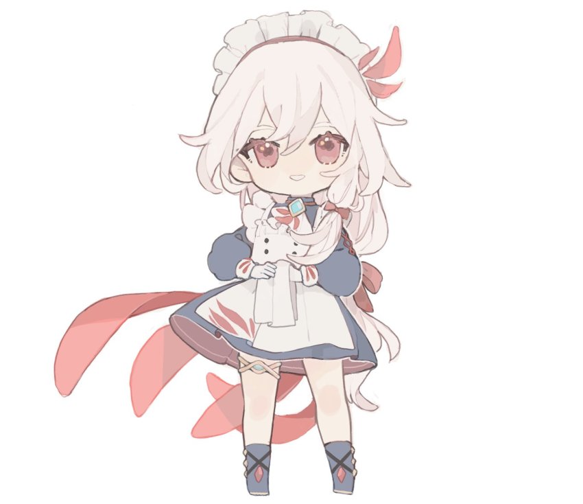 1girl :d apron black_dress black_footwear chibi dress fu_hua fu_hua_(phoenix) full_body grin holding holding_towel honkai_(series) honkai_impact_3rd long_hair long_sleeves looking_at_viewer maid maid_apron maid_headdress mogomaco multicolored_hair open_mouth ponytail red_eyes simple_background smile solo streaked_hair teeth towel white_background white_hair