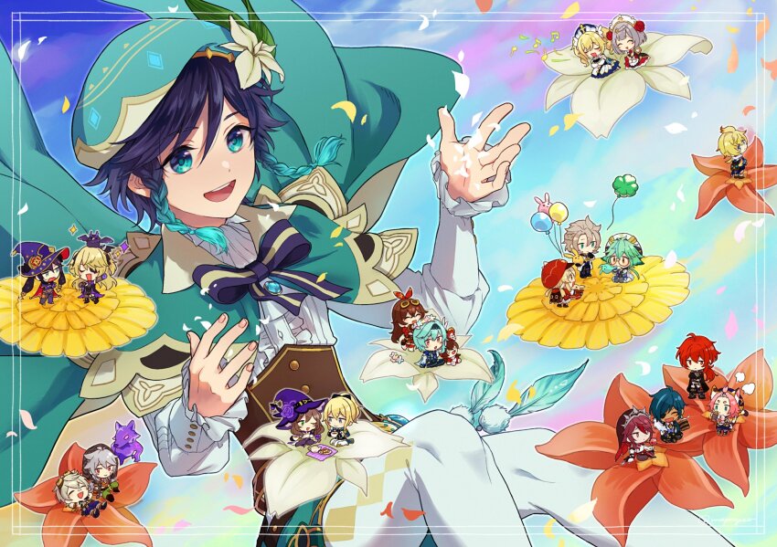 6+boys 6+girls albedo_(genshin_impact) amber_(genshin_impact) aqua_eyes aqua_hair balloon barbara_(genshin_impact) baron_bunny_(genshin_impact) bennett_(genshin_impact) beret black_hair blonde_hair blue_hair braid brown_hair crystalfly_(genshin_impact) diluc_(genshin_impact) diona_(genshin_impact) eula_(genshin_impact) fischl_(genshin_impact) flower genshin_impact gradient_hair green_hair green_headwear grey_hair hat highres jean_(genshin_impact) jewelry kaeya_(genshin_impact) klee_(genshin_impact) lisa_(genshin_impact) long_sleeves mapogeso mika_(genshin_impact) mona_(genshin_impact) multicolored_hair multiple_boys multiple_girls noelle_(genshin_impact) open_mouth oz_(genshin_impact) pink_hair razor_(genshin_impact) red_hair rosaria_(genshin_impact) shirt smile sucrose_(genshin_impact) twin_braids twintails venti_(genshin_impact) witch_hat
