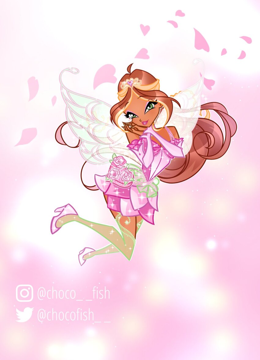 1girl alternate_costume bad_id bad_twitter_id bare_shoulders blonde_hair brown_hair chocofish commentary dark-skinned_female dark_skin dress eyelashes eyeshadow fairy fairy_wings floating flora_(winx_club) flower_dress full_body glitter gold_tiara green_eyes green_thighhighs green_wings hand_on_own_cheek hand_on_own_face hand_on_own_shoulder hat_ornament heart heart_hat_ornament high_heels highres instagram_username light_particles lipstick long_hair magical_girl makeup multicolored_hair outline own_hands_together parted_lips petals pink_arm_warmers pink_background pink_dress pink_eyeshadow pink_lips pink_shoes see-through_clothes see-through_thighhighs shoes short_dress sleeveless sleeveless_dress smile solo sparkle stiletto_heels streaked_hair teeth thighhighs tiara transparent_wings twitter_username two-tone_hair very_long_hair watermark wavy_hair white_outline wings winx_club
