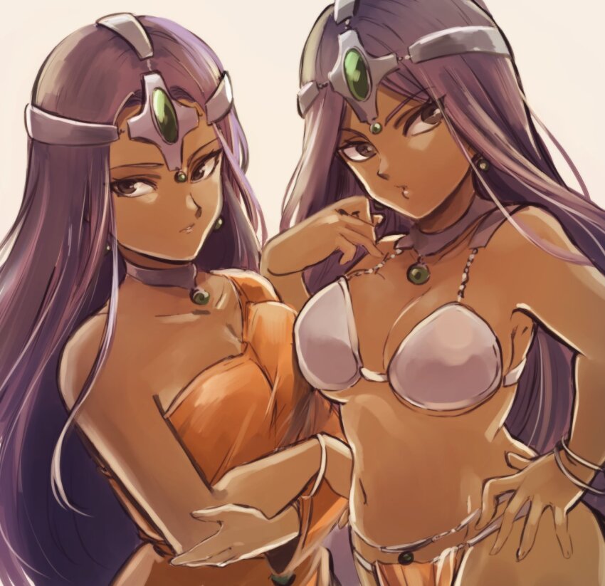 2girls asymmetrical_dress bare_shoulders bracelet breasts brown_eyes circlet cleavage crossed_arms dark-skinned_female dark_skin dragon_quest dragon_quest_iv dress expressionless forehead_jewel gem green_gemstone hand_on_own_hip hand_up highres jewelry kaiser1206 large_breasts loincloth long_hair long_sleeves looking_at_viewer manya_(dq4) metal_bikini metal_bra minea_(dq4) multiple_bracelets multiple_girls o3o orange_dress orange_loincloth parted_lips purple_hair siblings single_bare_shoulder single_sleeve sisters
