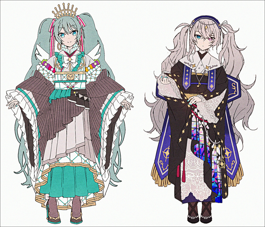25-ji_miku 2girls adapted_costume black_dress black_shoes blue_eyes blue_nails blue_skirt brown_pantyhose closed_mouth colorful_festival_(project_sekai) dress fringe_trim green_hair grey_background grey_hair grey_kimono hair_over_one_eye hakusai_(tiahszld) hatsune_miku heterochromia highres japanese_clothes kimono long_hair long_sleeves multiple_girls nail_polish pantyhose pleated_skirt project_sekai purple_eyes revision shoes simple_background skirt sleeves_past_wrists standing twintails very_long_hair vocaloid wide_sleeves