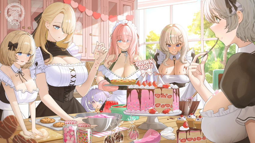 6+girls absurdres bare_shoulders blonde_hair blue_eyes blurry blurry_foreground bow breasts brown_dust_(series) brown_dust_2 cabinet cake character_request check_character chocolate_chip_cookie cleavage closed_mouth commentary cookie copyright_name cupcake dang_geun23283 detached_collar dress eating english_commentary food food_on_body food_on_breasts fruit green_eyes grey_hair hair_bow hair_intakes hair_ornament hair_over_one_eye heterochromia highres indoors large_breasts long_hair looking_at_viewer looking_down maid maid_headdress multicolored_hair multiple_girls open_mouth oven_mitts pink_hair purple_eyes purple_hair short_hair smile sprinkles strawberry streaked_hair table tray tree wilhelmina_(brown_dust) window x_hair_ornament