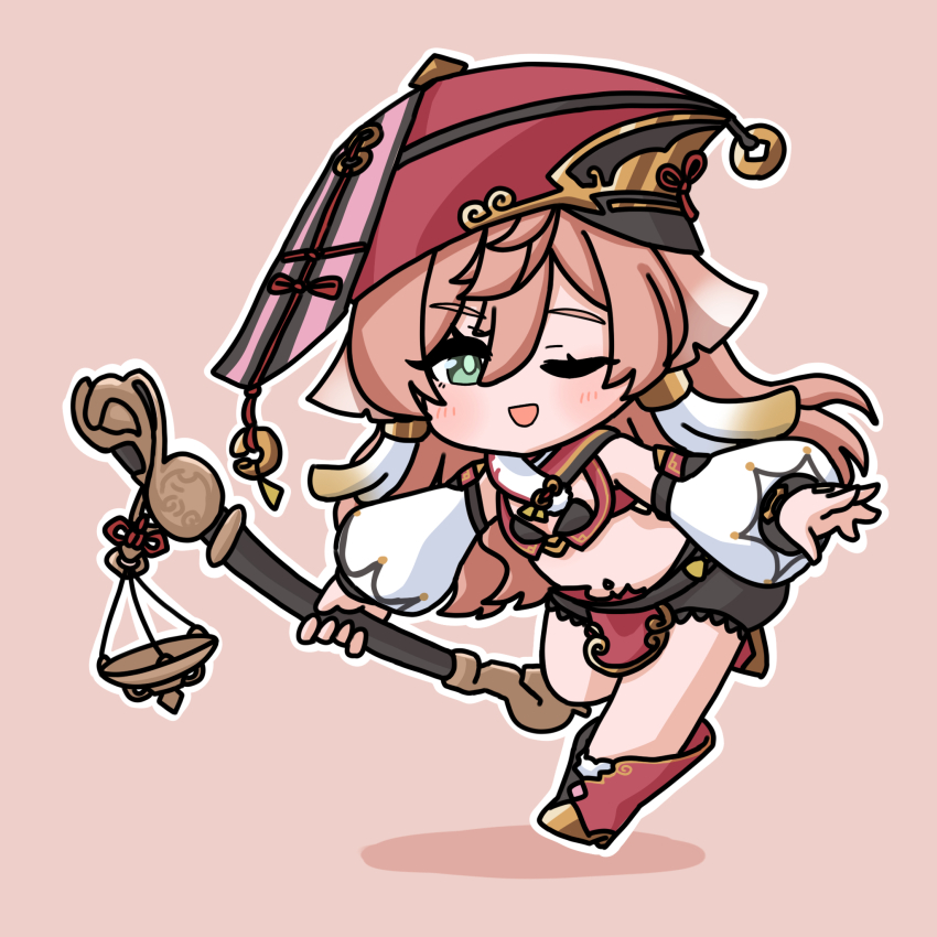 1girl ;d bare_shoulders black_boots black_shorts boots breasts brown_background brown_hair detached_sleeves genshin_impact green_eyes hair_between_eyes hat highres holding long_hair long_sleeves looking_at_viewer mokkyo_(motkyo) one_eye_closed open_mouth outline puffy_long_sleeves puffy_shorts puffy_sleeves red_boots red_hat shadow shorts simple_background small_breasts smile solo very_long_hair white_outline white_sleeves yanfei_(genshin_impact)