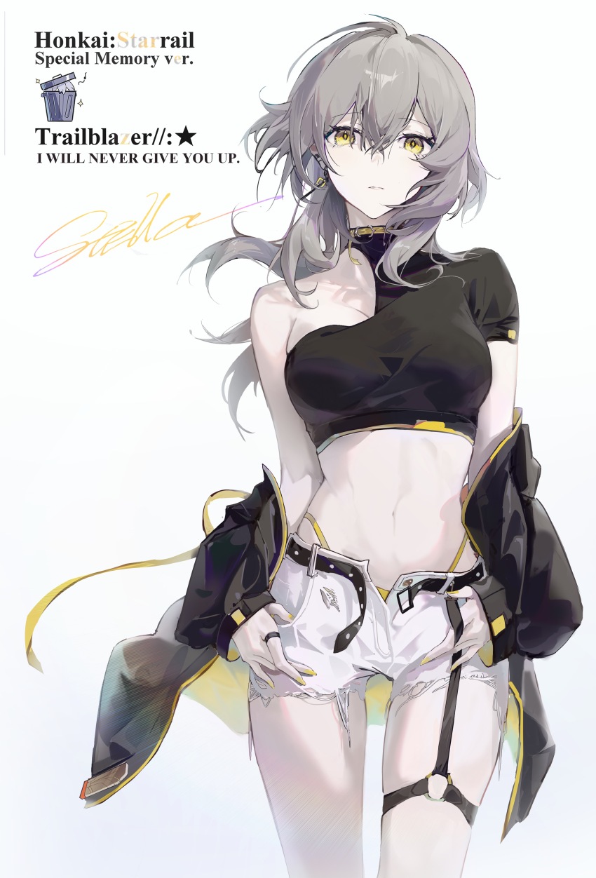 absurdres closed_mouth earrings grey_hair highres jewelry looking_at_viewer medium_hair navel open_clothes refa shorts standing stelle_(honkai:_star_rail) trailblazer_(honkai:_star_rail) yellow_eyes