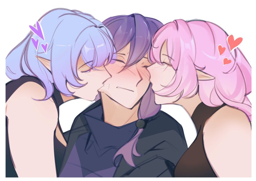 3girls alternate_costume biting black_tank_top blush border biting_cheek cheek_kiss closed_eyes commentary double_cheek_kiss elysia_(honkai_impact) elysia_(miss_pink_elf)_(honkai_impact) fu_hua fu_hua_(shadow_knight) girl_sandwich grey_hair hair_between_eyes heart herrscher_of_corruption highres honkai_(series) honkai_impact_3rd kiss kissing_cheek long_hair low-tied_long_hair multiple_girls pink_hair purple_hair sandwiched solrdawnart symbol-only_commentary tank_top white_background white_border yuri