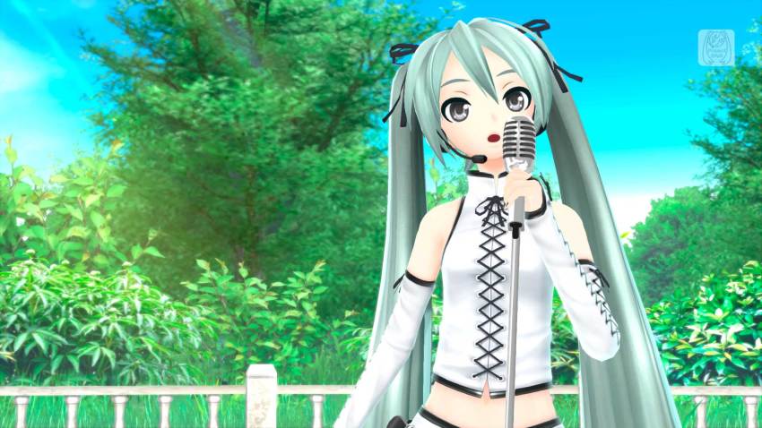 1girl 3d :o anime_screenshot bare_shoulders black_ribbon blue_sky bow cloud copyright_name cropped_shirt cross-laced_clothes day detached_sleeves female_focus green_hair grey_eyes hair_between_eyes hair_bow hatsune_miku headset highres kochira_koufuku_anshin_iinkai_desu_(vocaloid) laces long_hair microphone midriff music navel open_mouth outdoors project_diva_(series) project_diva_f_2nd railing ribbon shirt singing skirt sky solo tree twintails vintage_microphone vocaloid watermark white_shirt white_skirt white_sleeves